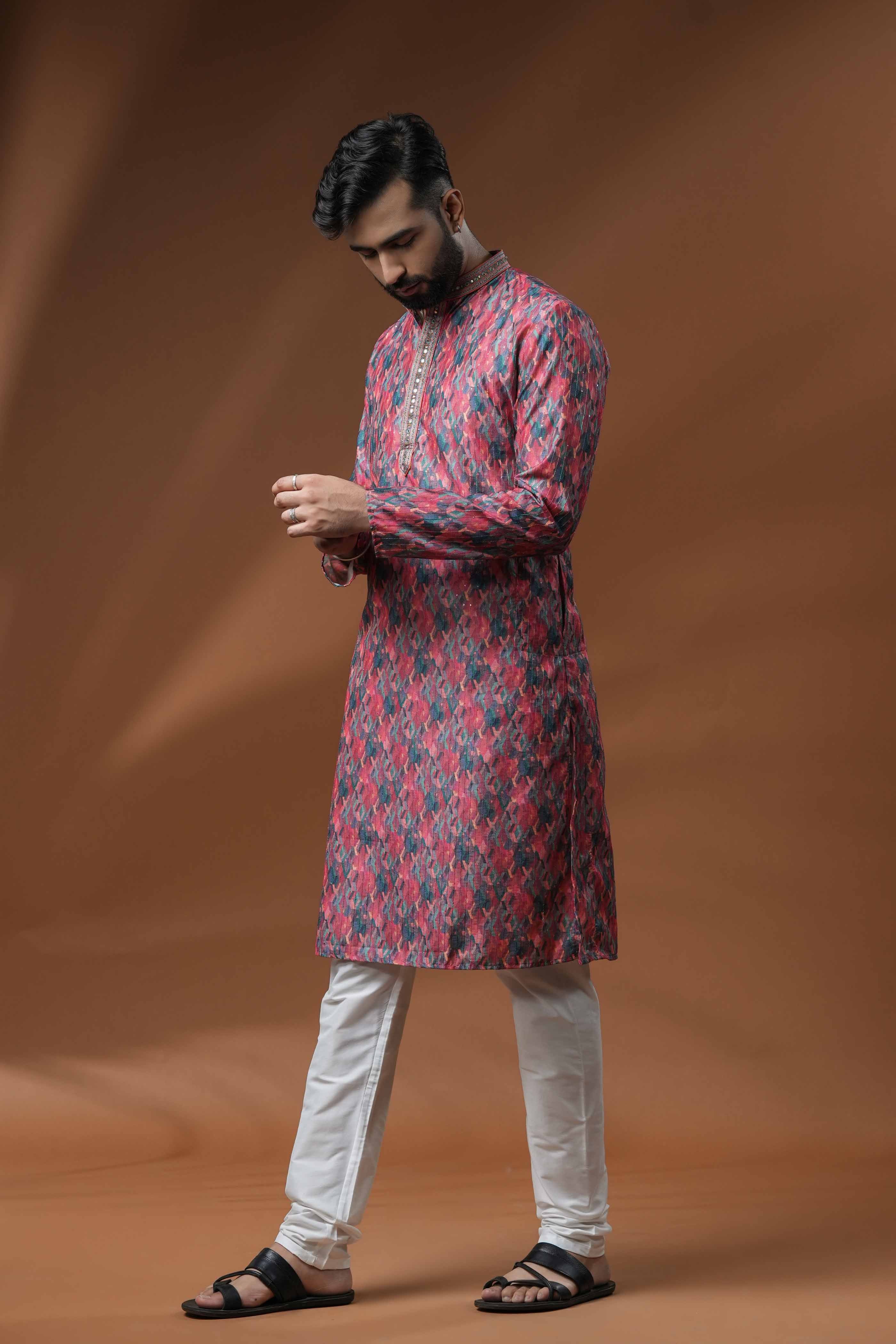 Red Geometric Printed Sequence Kurta